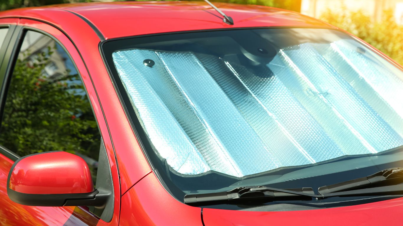close-up of retractable car sunshades inside a car for heat protection